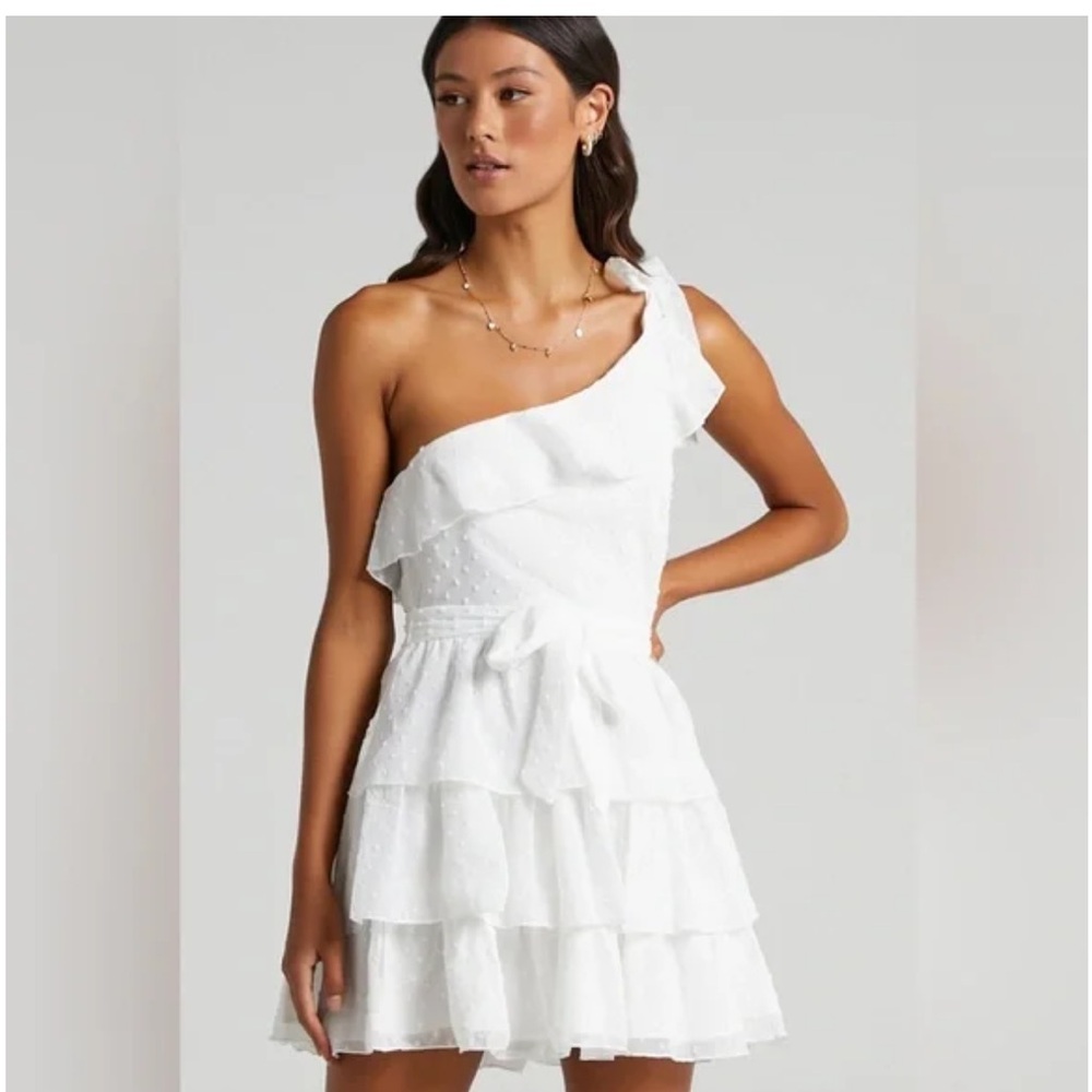 Showpo One Shoulder White Ruffle Mini Dress